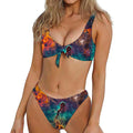 Teal Orange Universe Galaxy Space Print Front Bow Tie Bikini