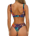Teal Orange Universe Galaxy Space Print Front Bow Tie Bikini