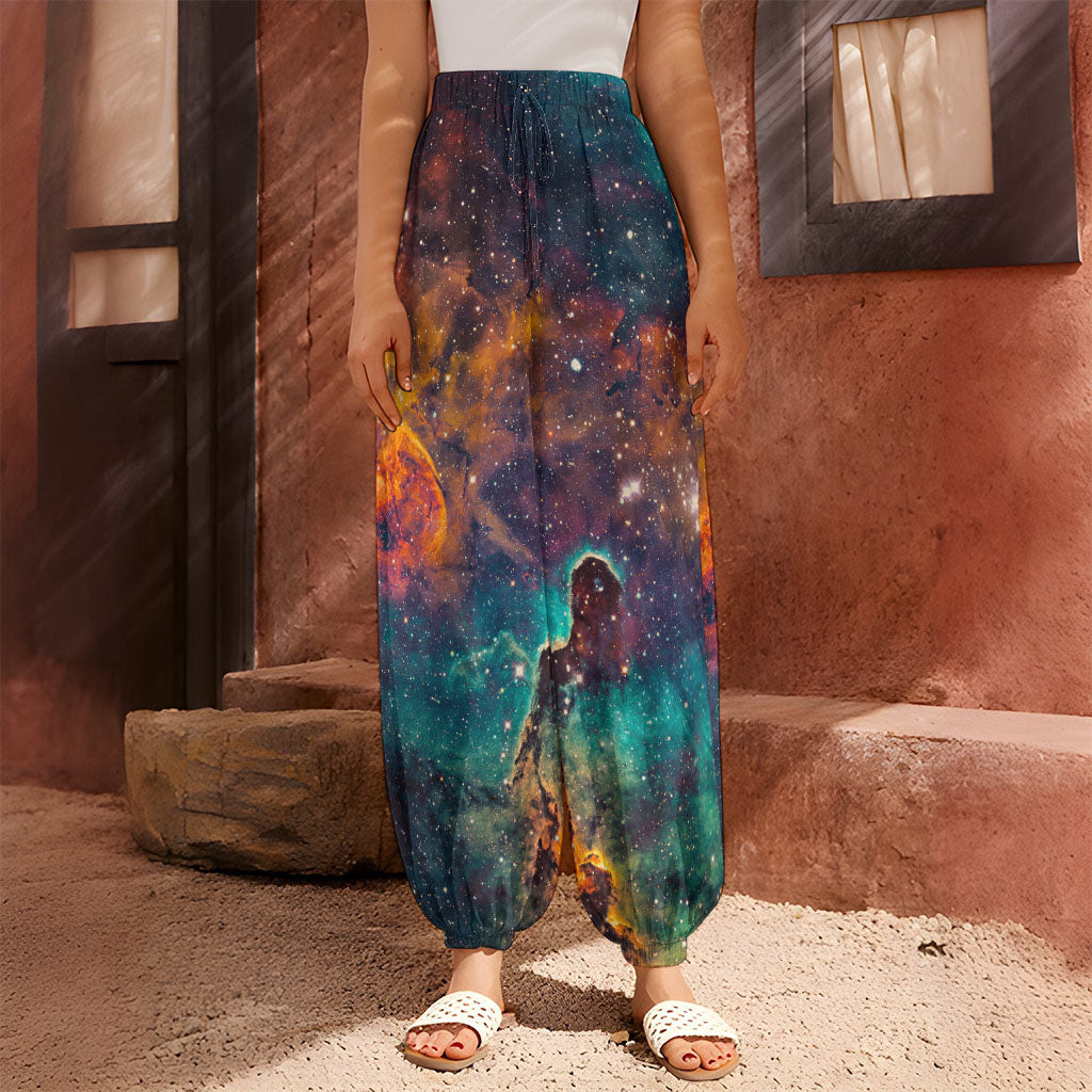 Teal Orange Universe Galaxy Space Print Harem Pants