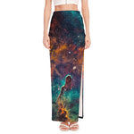 Teal Orange Universe Galaxy Space Print High Slit Maxi Skirt