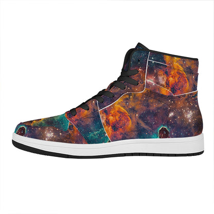 Teal Orange Universe Galaxy Space Print High Top Leather Sneakers