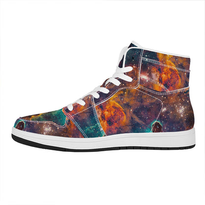 Teal Orange Universe Galaxy Space Print High Top Leather Sneakers