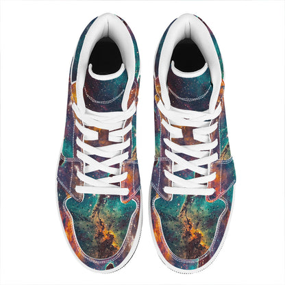 Teal Orange Universe Galaxy Space Print High Top Leather Sneakers