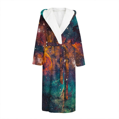 Teal Orange Universe Galaxy Space Print Hooded Bathrobe