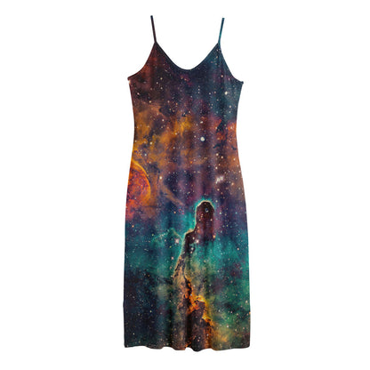 Teal Orange Universe Galaxy Space Print Jersey Midi Cami Dress
