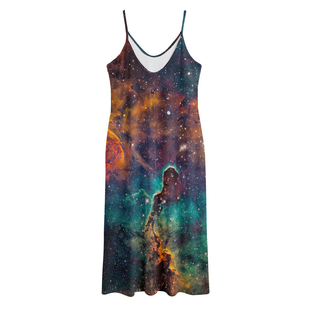 Teal Orange Universe Galaxy Space Print Jersey Midi Cami Dress