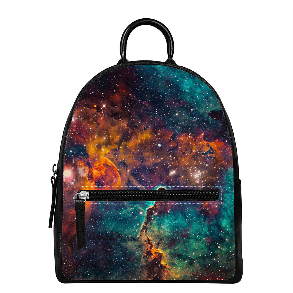 Teal Orange Universe Galaxy Space Print Leather Backpack