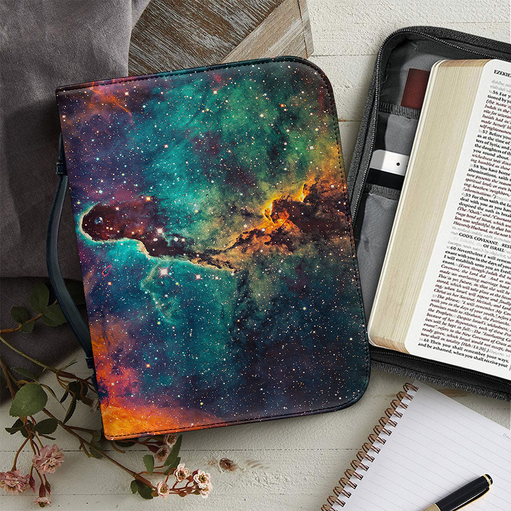 Teal Orange Universe Galaxy Space Print Leather Bible Cover