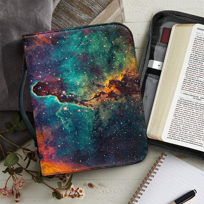 Teal Orange Universe Galaxy Space Print Leather Bible Cover