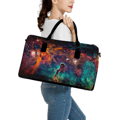 Teal Orange Universe Galaxy Space Print Leather Duffle Bag