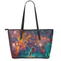 Teal Orange Universe Galaxy Space Print Leather Tote Bag With Zipper
