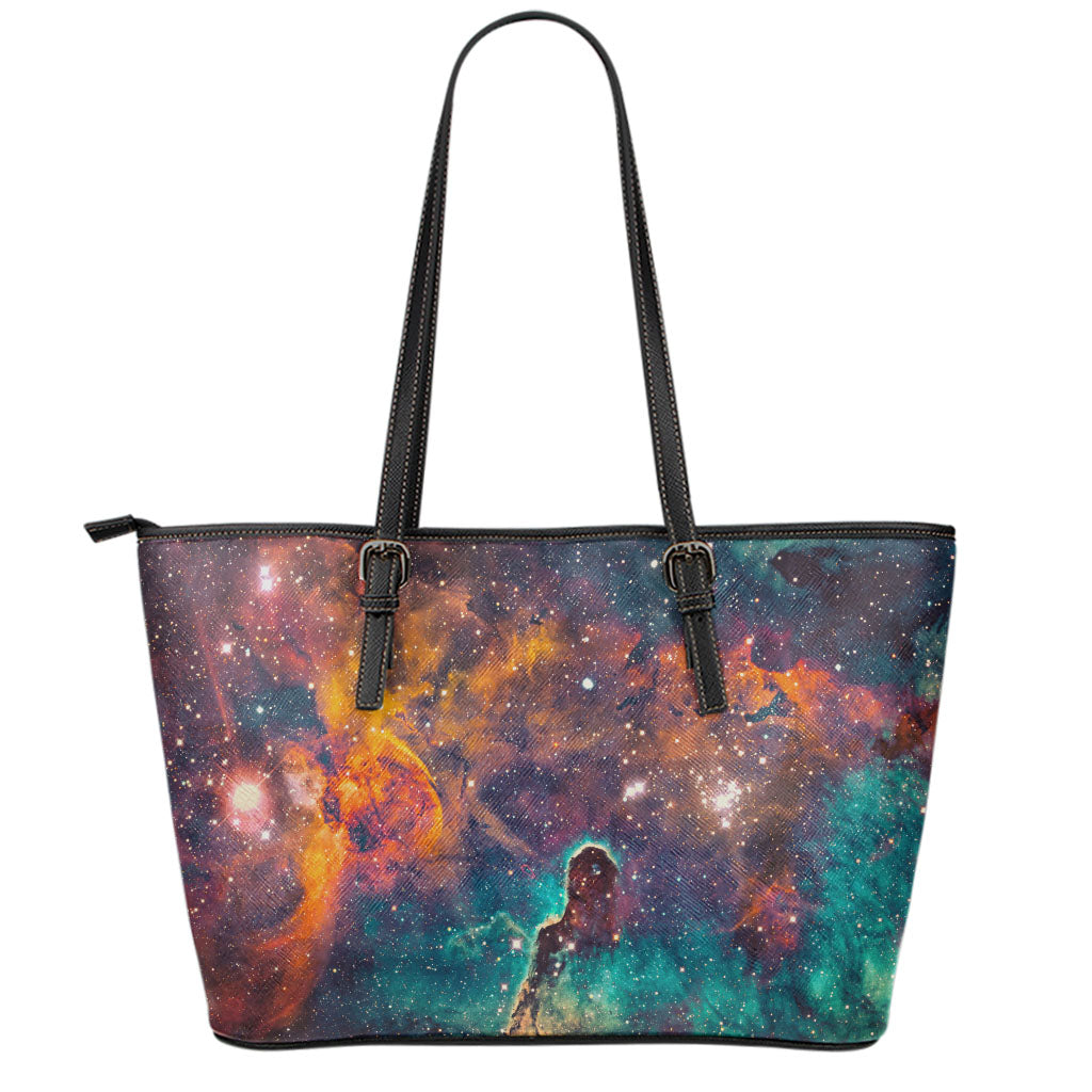 Teal Orange Universe Galaxy Space Print Leather Tote Bag