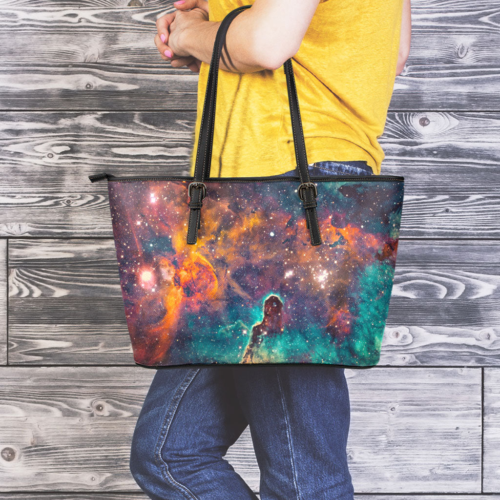 Teal Orange Universe Galaxy Space Print Leather Tote Bag