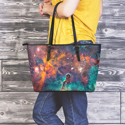 Teal Orange Universe Galaxy Space Print Leather Tote Bag