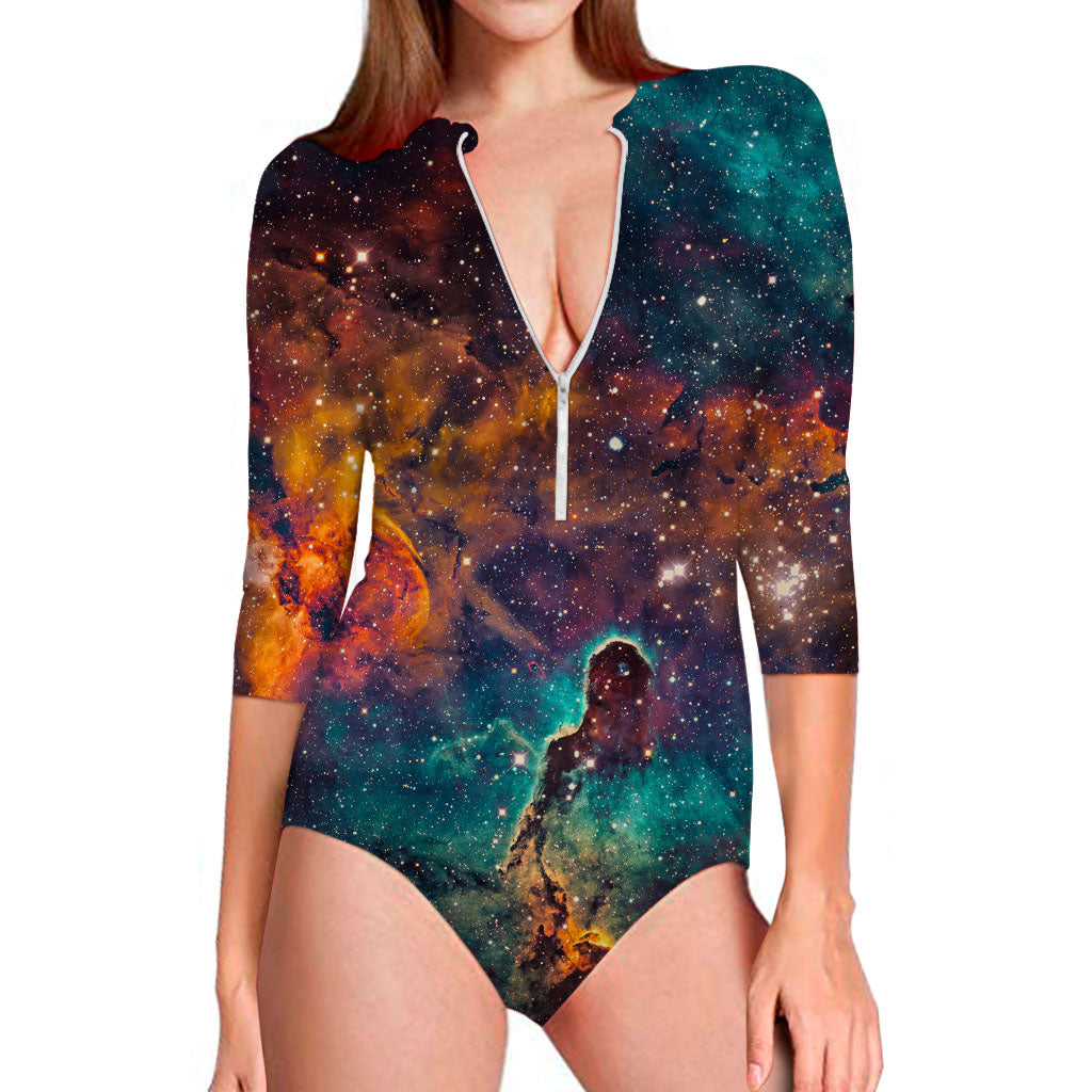 Teal Orange Universe Galaxy Space Print Long Sleeve Swimsuit