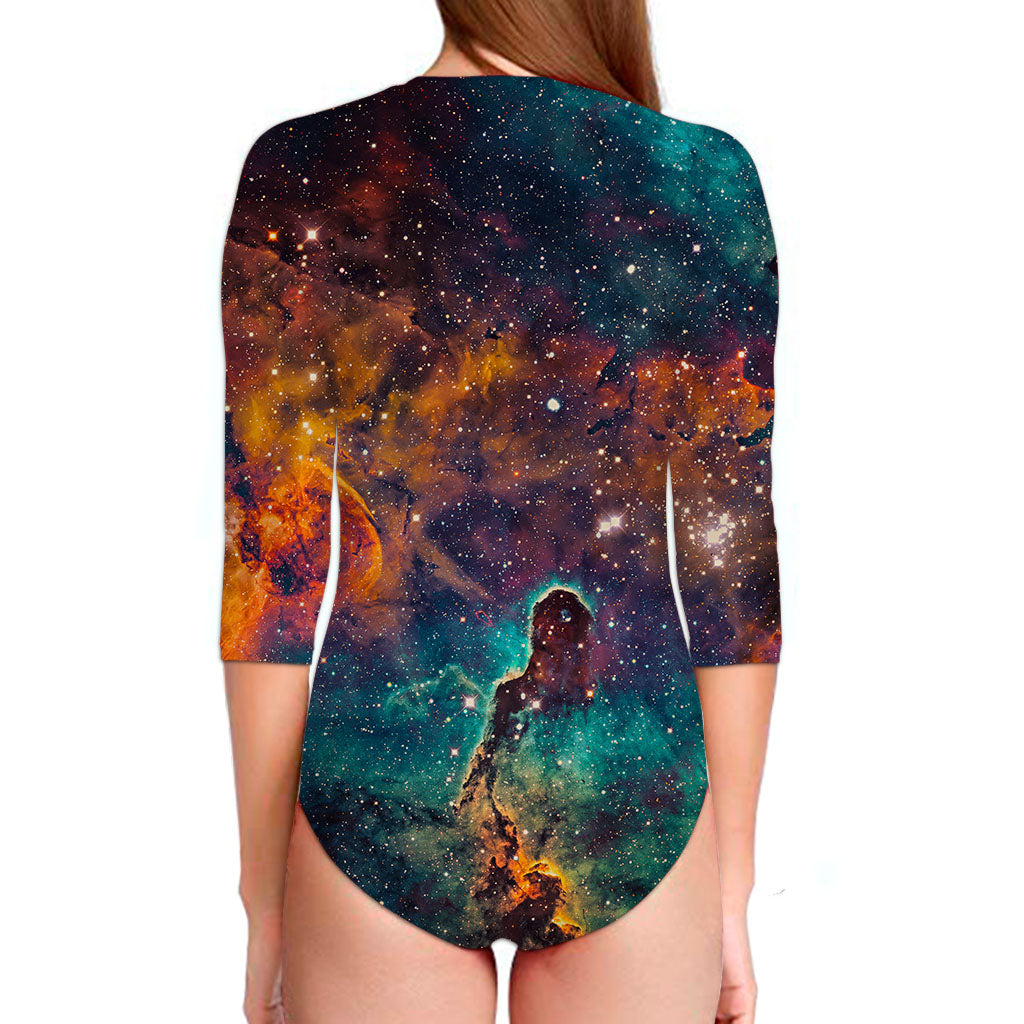 Teal Orange Universe Galaxy Space Print Long Sleeve Swimsuit