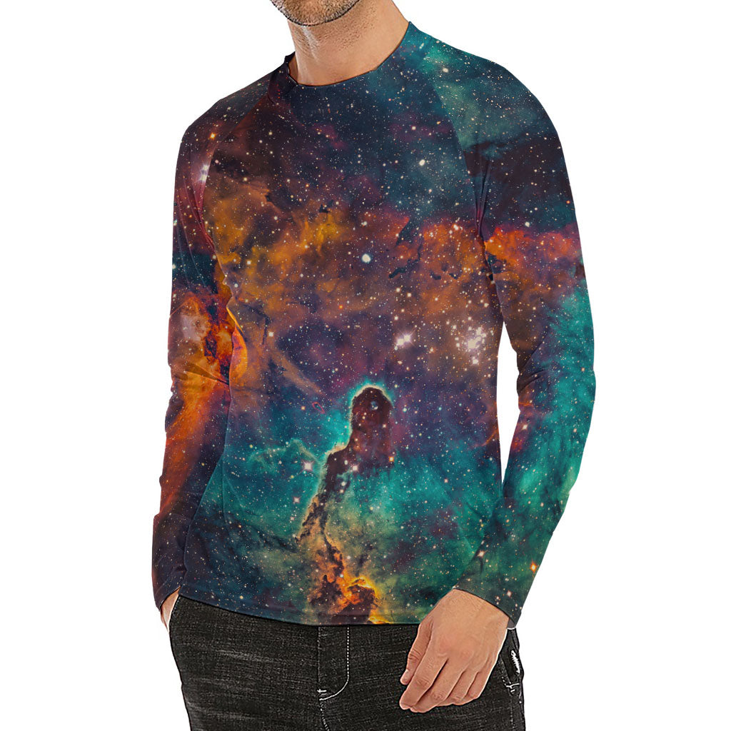 Teal Orange Universe Galaxy Space Print Men's Long Sleeve Rash Guard
