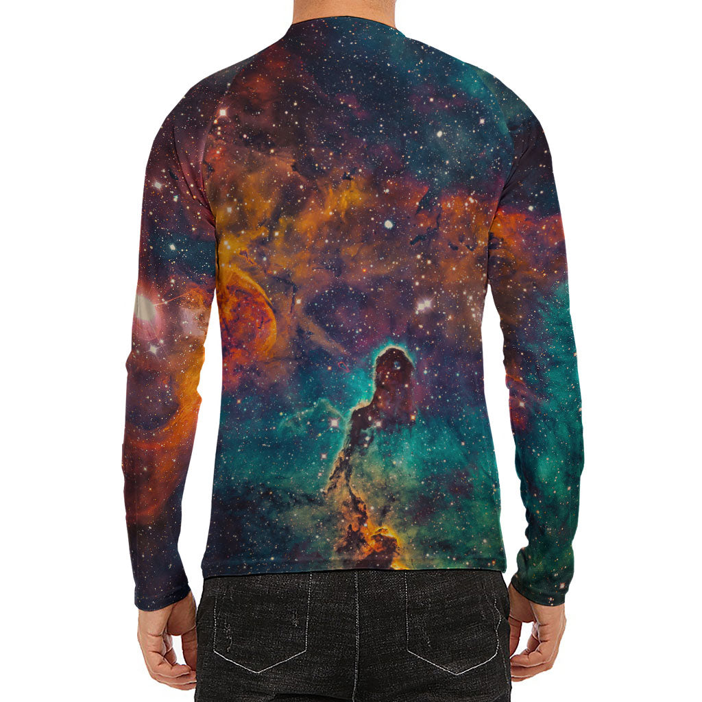 Teal Orange Universe Galaxy Space Print Men's Long Sleeve Rash Guard