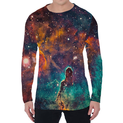 Teal Orange Universe Galaxy Space Print Men's Long Sleeve T-Shirt