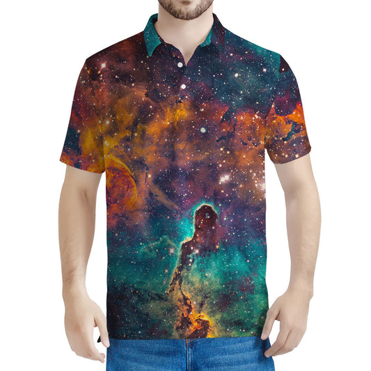 Teal Orange Universe Galaxy Space Print Men's Polo Shirt