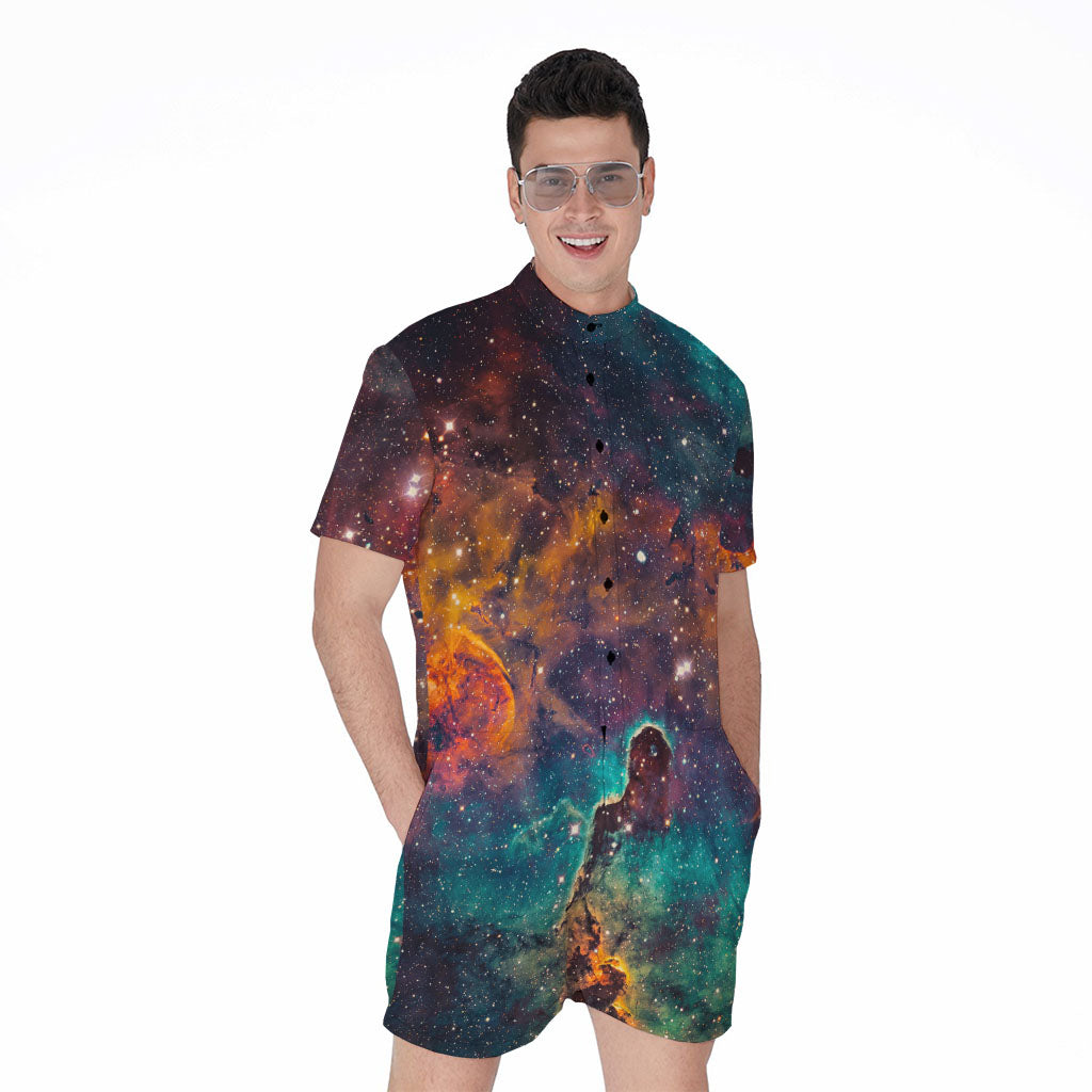 Teal Orange Universe Galaxy Space Print Men's Rompers