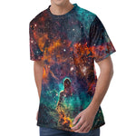 Teal Orange Universe Galaxy Space Print Men's Velvet T-Shirt