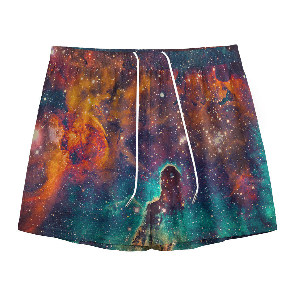 Teal Orange Universe Galaxy Space Print Mesh Shorts