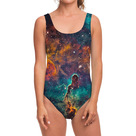 Teal Orange Universe Galaxy Space Print One Piece Swimsuit
