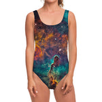 Teal Orange Universe Galaxy Space Print One Piece Swimsuit