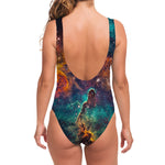 Teal Orange Universe Galaxy Space Print One Piece Swimsuit