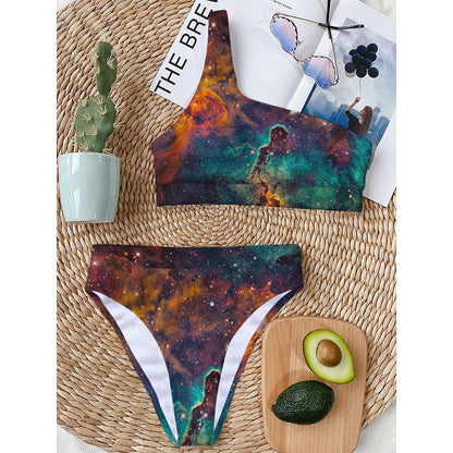 Teal Orange Universe Galaxy Space Print One Shoulder Bikini Top