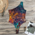 Teal Orange Universe Galaxy Space Print One Shoulder Bodysuit