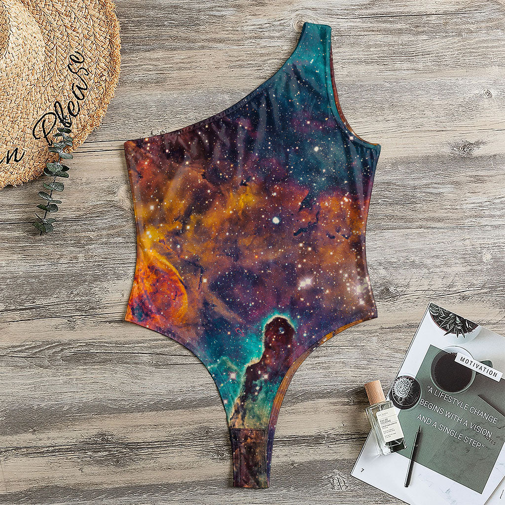 Teal Orange Universe Galaxy Space Print One Shoulder Bodysuit
