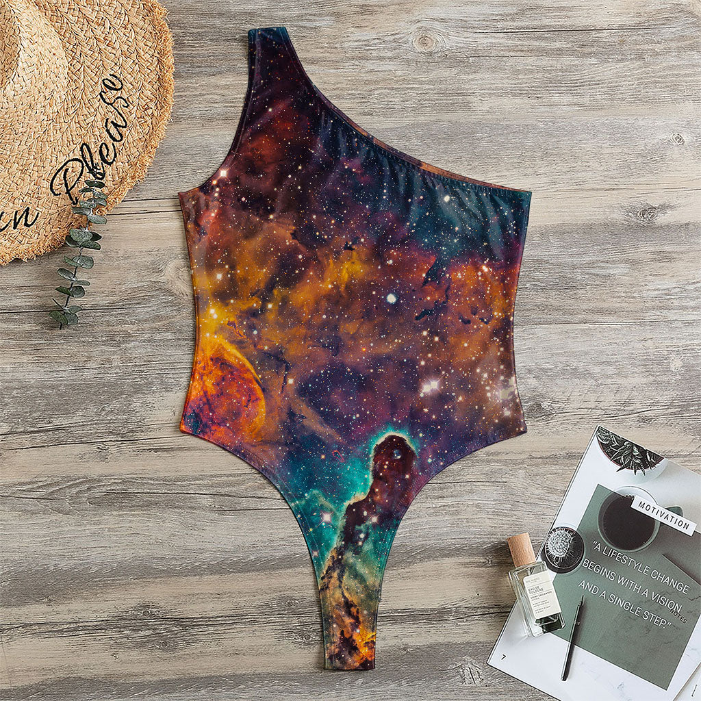 Teal Orange Universe Galaxy Space Print One Shoulder Bodysuit