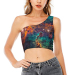 Teal Orange Universe Galaxy Space Print One Shoulder Crop Top
