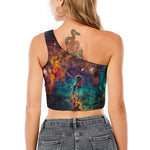 Teal Orange Universe Galaxy Space Print One Shoulder Crop Top