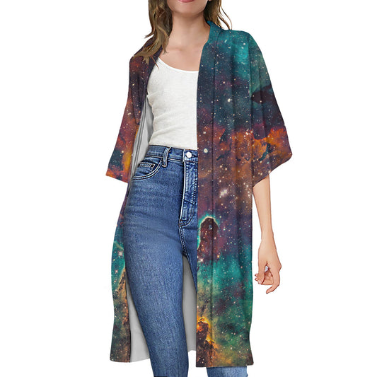 Teal Orange Universe Galaxy Space Print Open Front Beach Cover Up