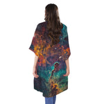 Teal Orange Universe Galaxy Space Print Open Front Beach Cover Up