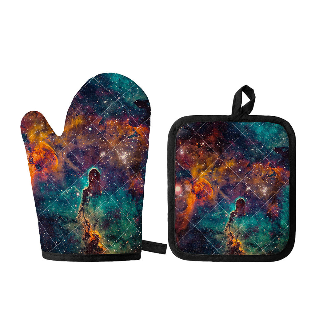 Teal Orange Universe Galaxy Space Print Oven Mitt And Pot Holder Set