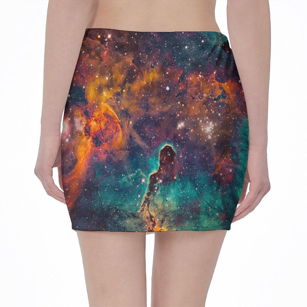 Teal Orange Universe Galaxy Space Print Pencil Mini Skirt