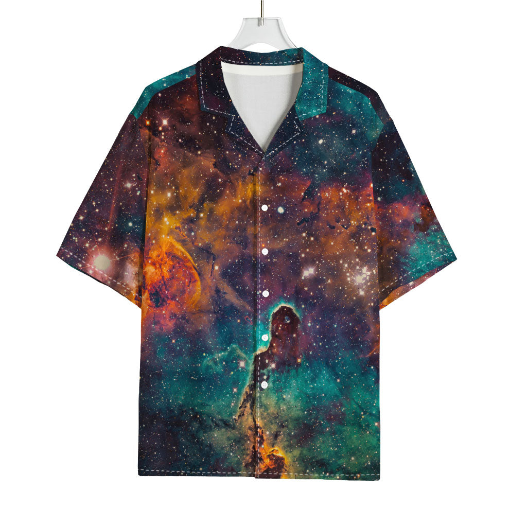 Teal Orange Universe Galaxy Space Print Rayon Hawaiian Shirt