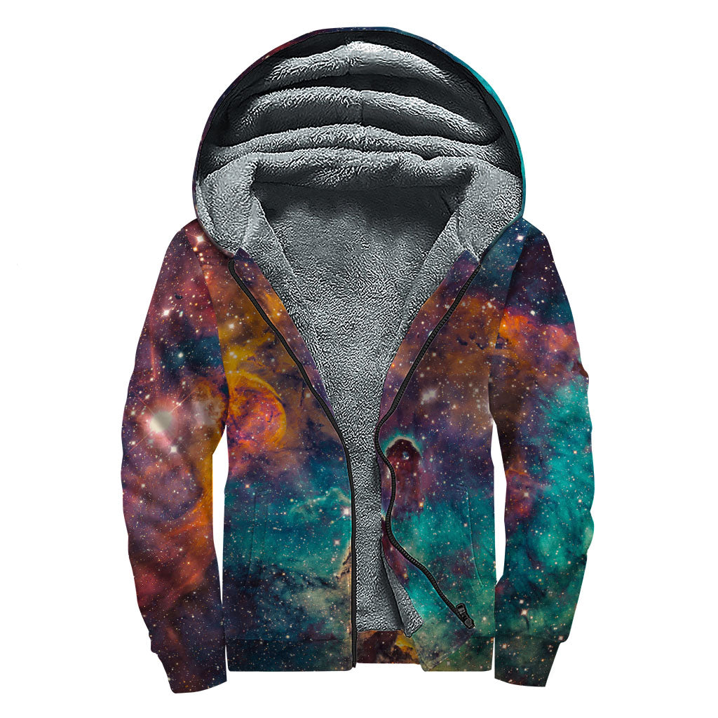 Teal Orange Universe Galaxy Space Print Sherpa Lined Zip Up Hoodie