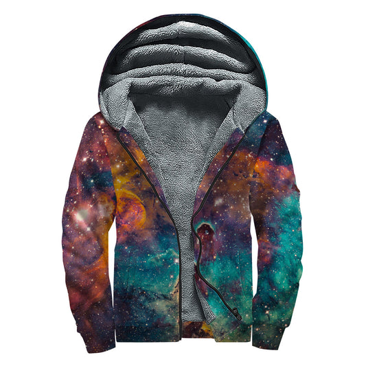 Teal Orange Universe Galaxy Space Print Sherpa Lined Zip Up Hoodie