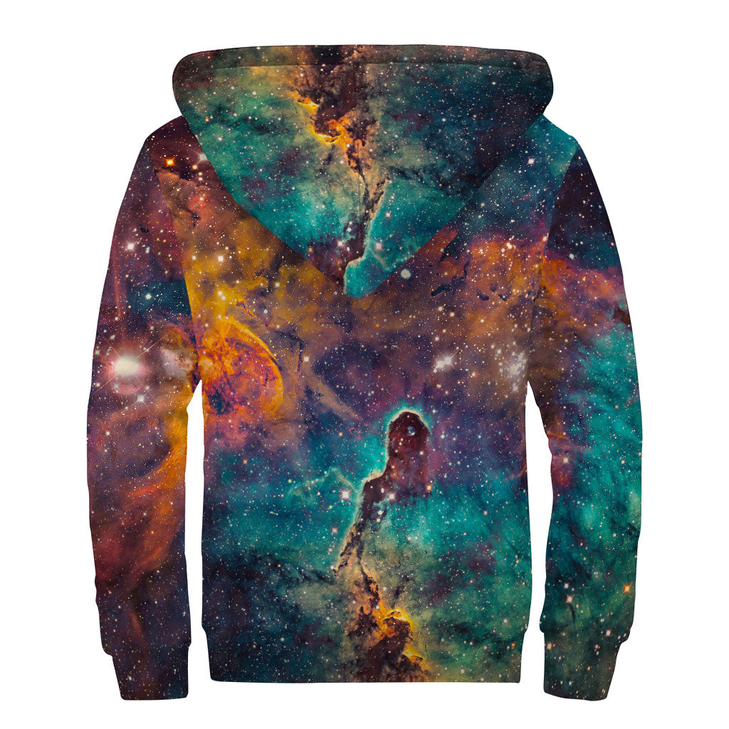 Teal Orange Universe Galaxy Space Print Sherpa Lined Zip Up Hoodie