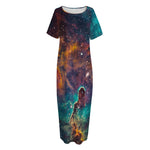 Teal Orange Universe Galaxy Space Print Short Sleeve Long Nightdress