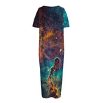 Teal Orange Universe Galaxy Space Print Short Sleeve Long Nightdress