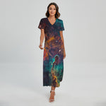 Teal Orange Universe Galaxy Space Print Short Sleeve Maxi Dress