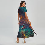 Teal Orange Universe Galaxy Space Print Short Sleeve Maxi Dress