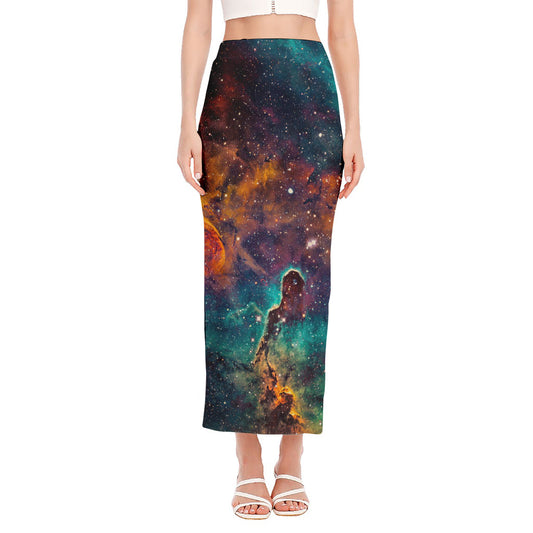 Teal Orange Universe Galaxy Space Print Side Slit Maxi Skirt