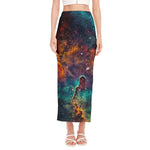 Teal Orange Universe Galaxy Space Print Side Slit Maxi Skirt